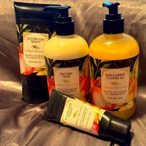Camille Beckman white pumpkin and cardamom shower gel and lotion set
